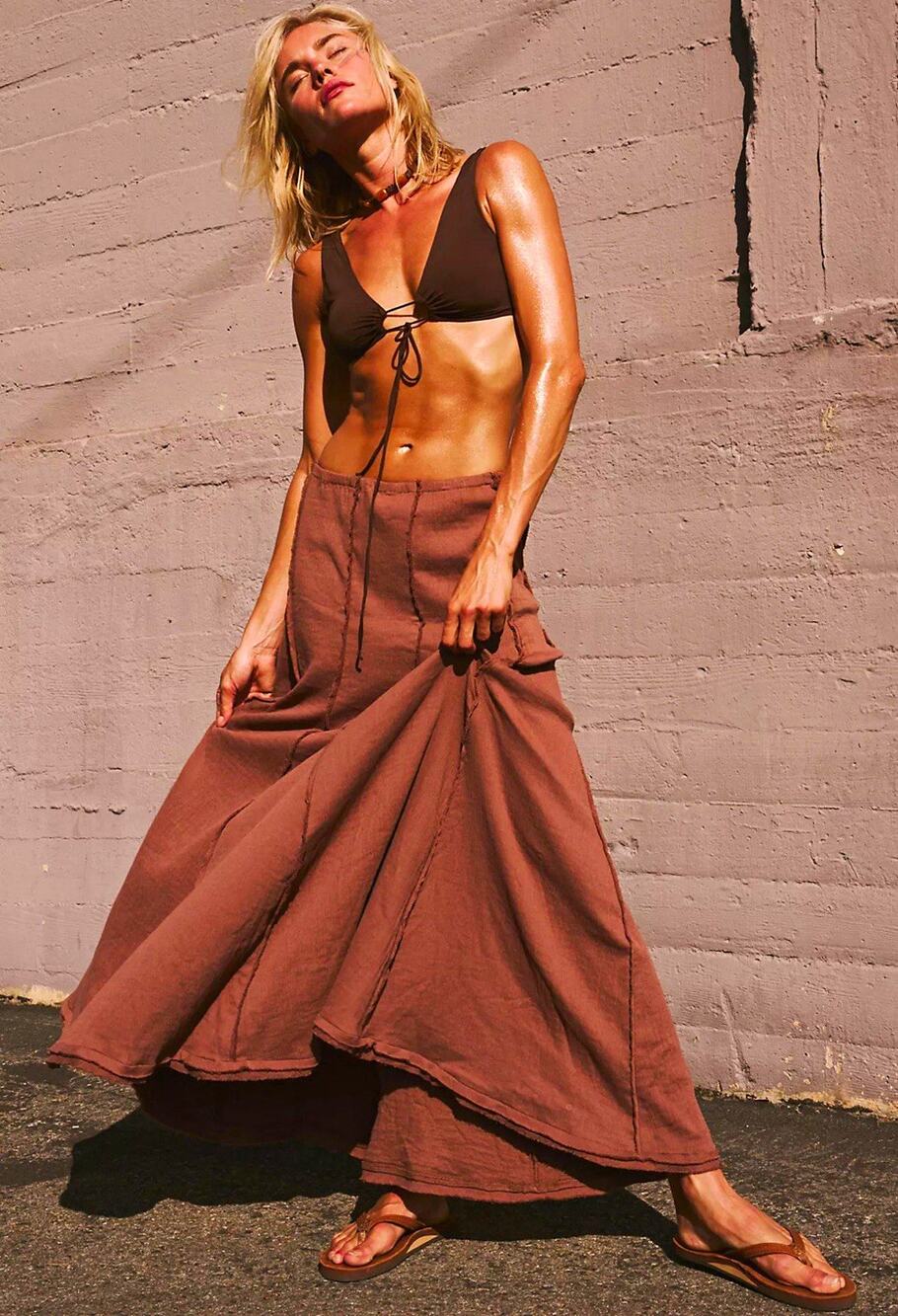 Free People Brown Knit Maxi Skirt | Pull-On | Elastic Waist | Raw Hem Women’s M